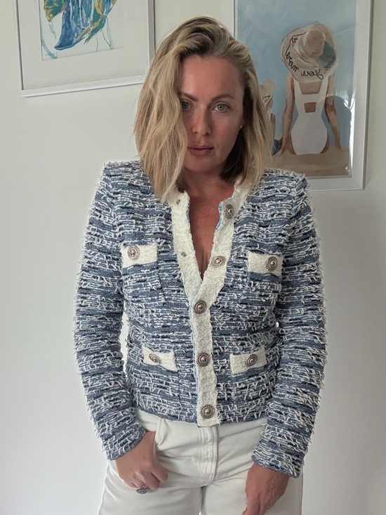Pookie & Sebastian Jackets & Blazers - Vintage Pookie & Sebastian Blue White Bouclé Tweed Blazer Jacket Size 6 USA